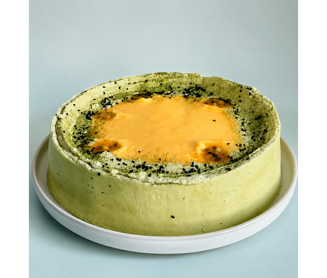 Esponjoso de sésamo negro, curd de parcha & crema de té matcha