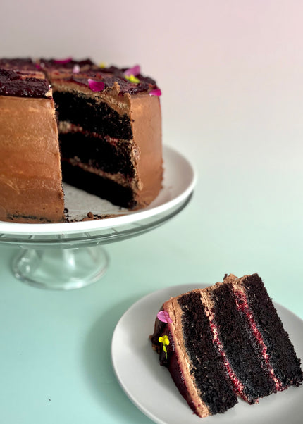 Bizcocho de chocolate, mermelada de remolacha & frambuesa