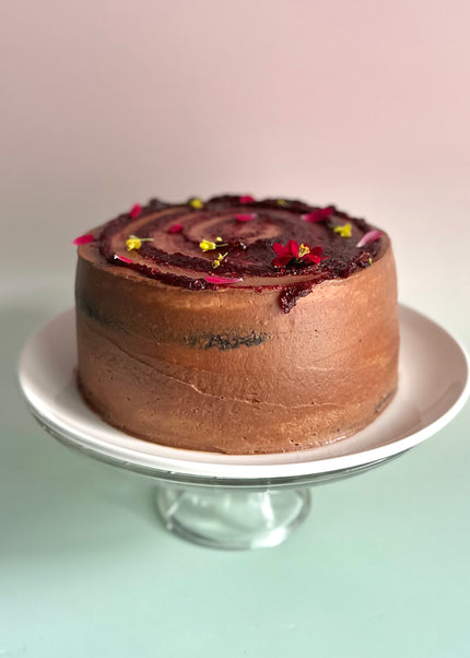 Bizcocho de chocolate, mermelada de remolacha & frambuesa