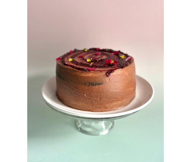 Bizcocho de chocolate, mermelada de remolacha & frambuesa